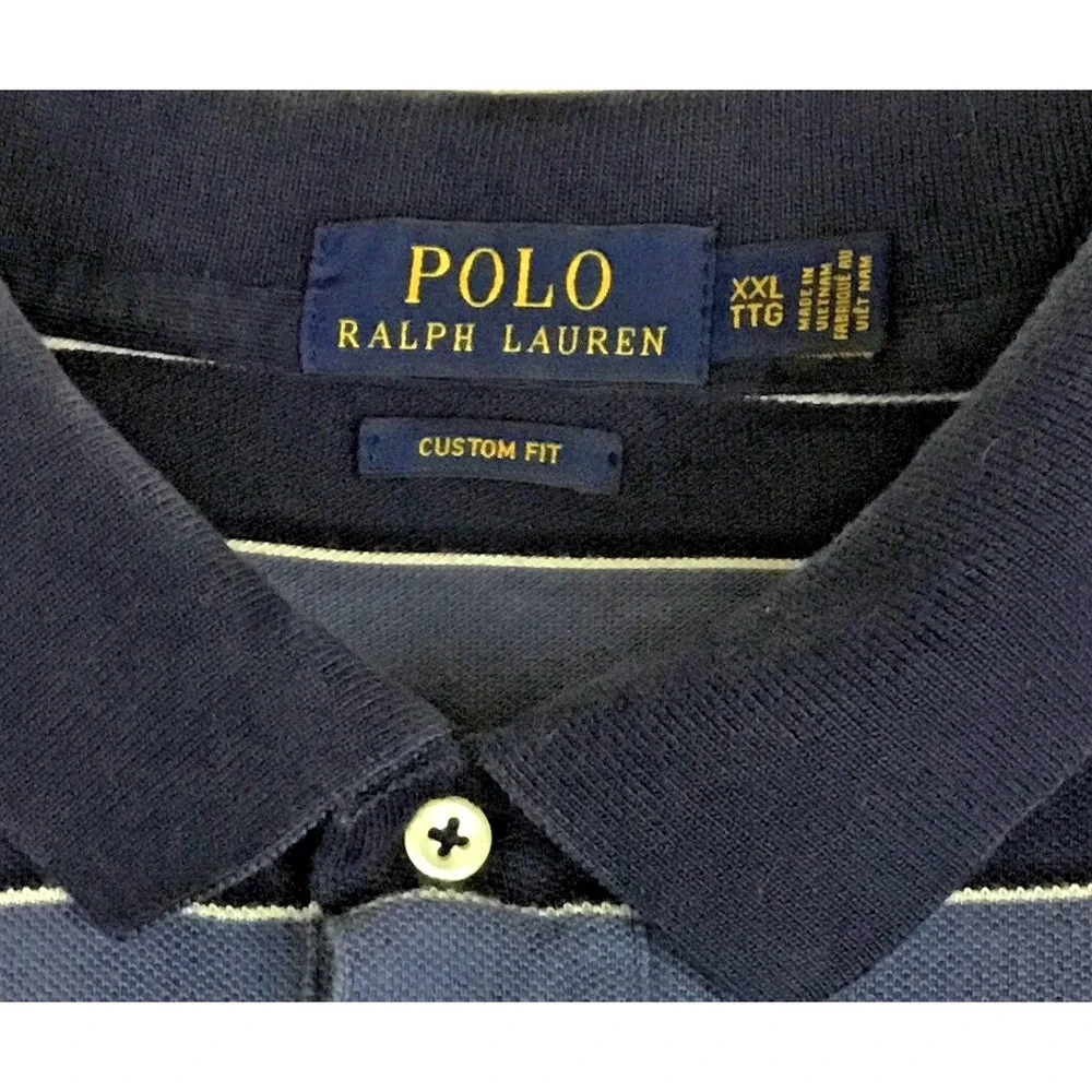 Polo Ralph Lauren Mens XXL Custom Fit Blue Striped Short Sleeve Pique Polo Shirt